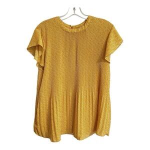 Adrianna Papell Blouse Size Medium Gold White Polka Dot Flutter Sleeve Pleated